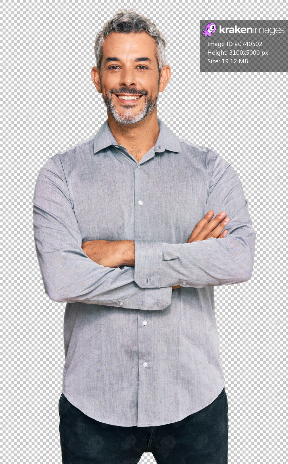 Middle age grey-haired man wearing casual clothes happy face smiling with crossed arms looking at the camera. positive person.