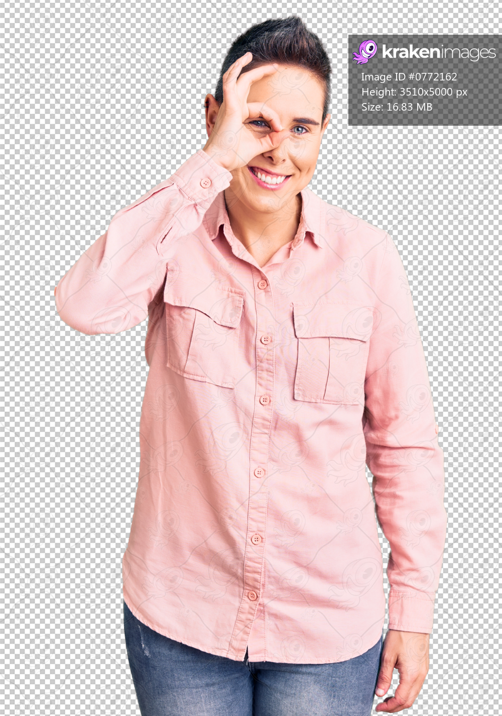 Young woman with short hair wearing casual clothes doing ok gesture with hand smiling, eye looking through fingers with happy face.