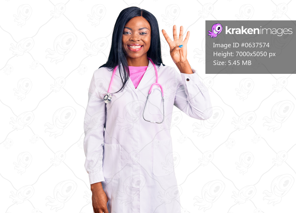Young african american woman wearing doctor stethoscope showing and pointing up with fingers number four while smiling confident and happy. 
