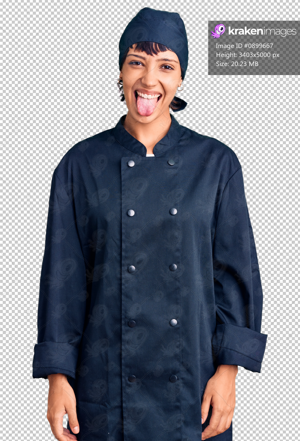 Young brunette woman with short hair wearing professional cook uniform sticking tongue out happy with funny expression. emotion concept.