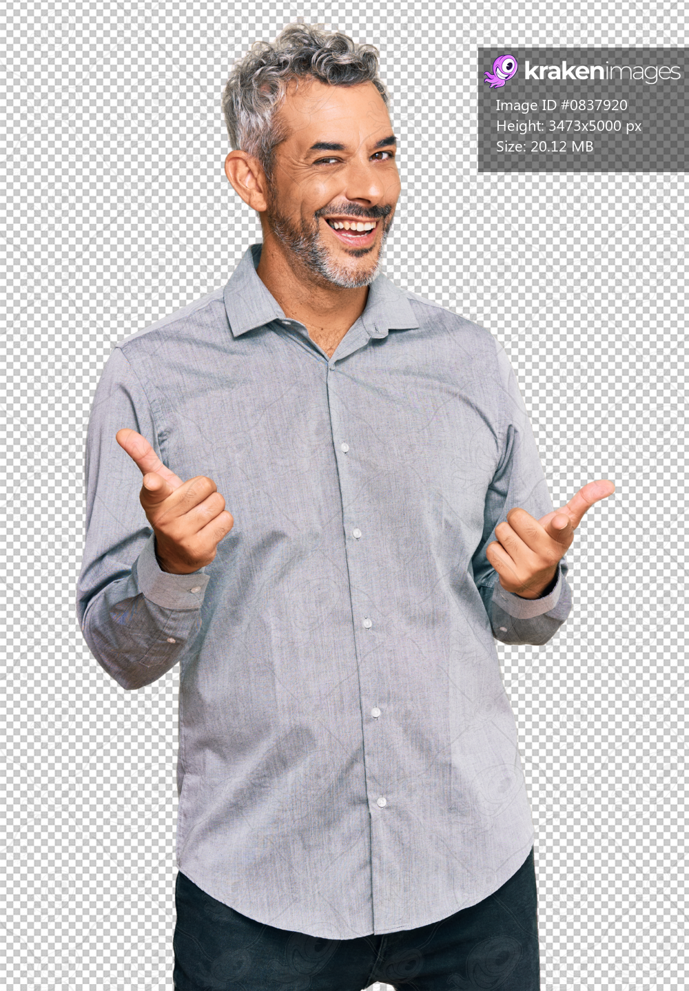 Middle age grey-haired man wearing casual clothes pointing fingers to camera with happy and funny face. good energy and vibes.