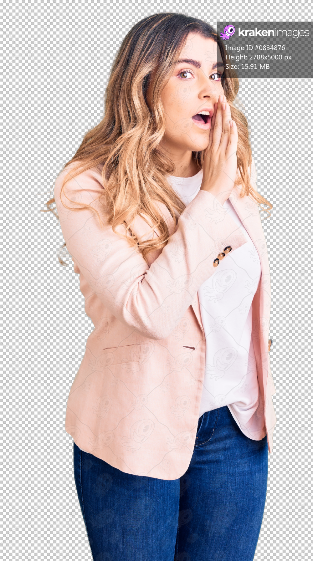 Young caucasian woman wearing business clothes hand on mouth telling secret rumor, whispering malicious talk conversation