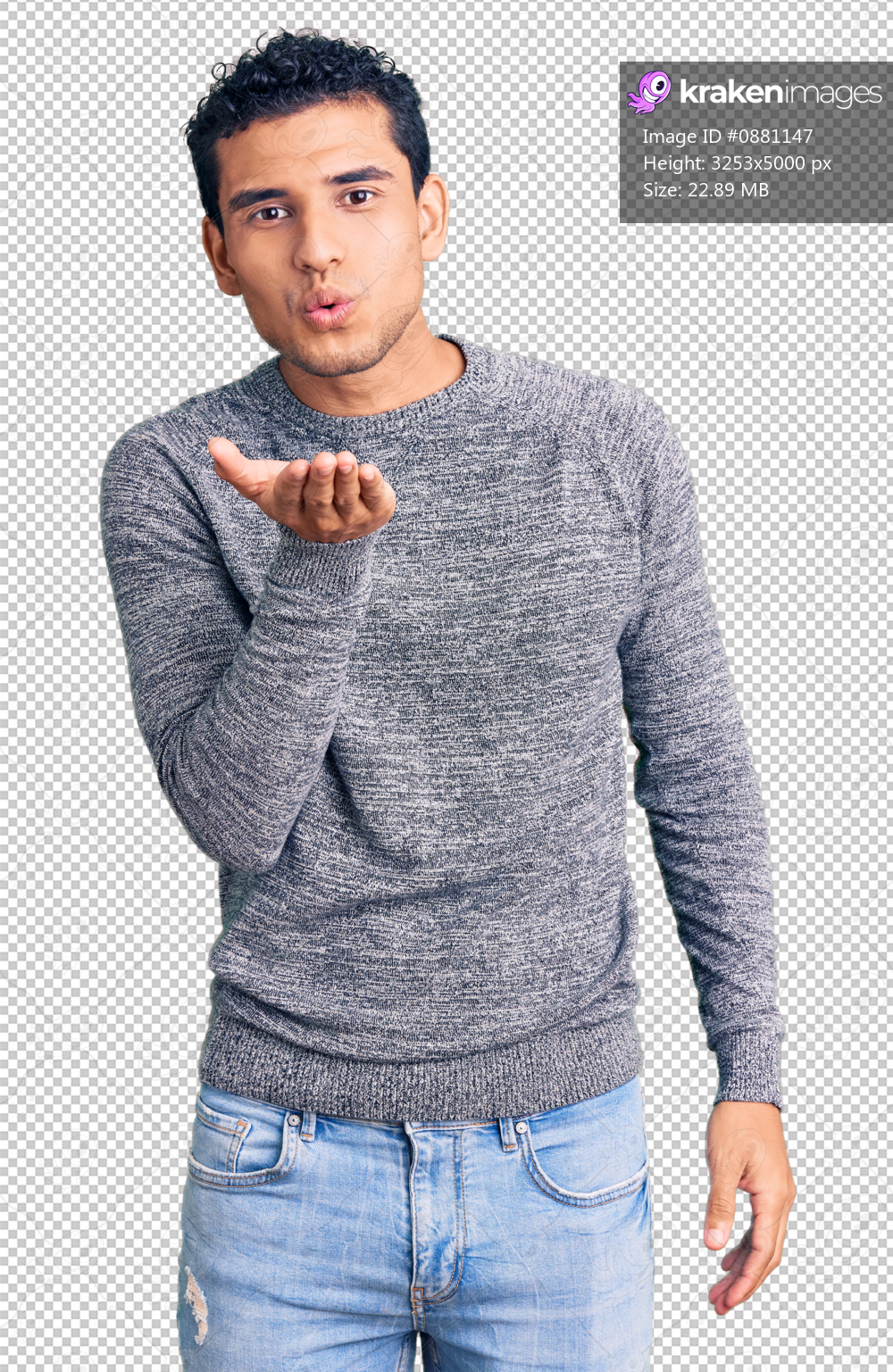 Hispanic handsome young man wearing casual sweater looking at the camera blowing a kiss with hand on air being lovely and sexy. love expression.