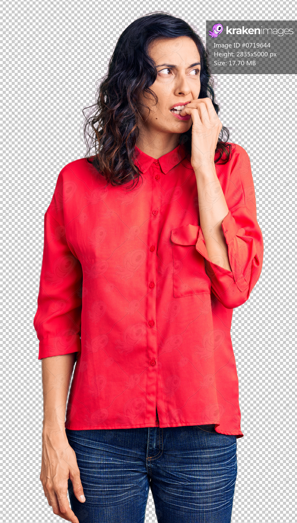 Young beautiful hispanic woman wearing casual clothes looking stressed and nervous with hands on mouth biting nails. anxiety problem.
