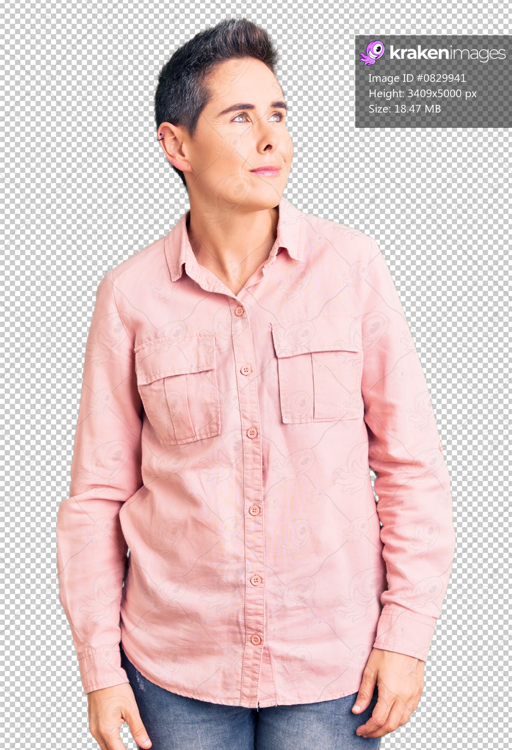 Young woman with short hair wearing casual clothes smiling looking to the side and staring away thinking.