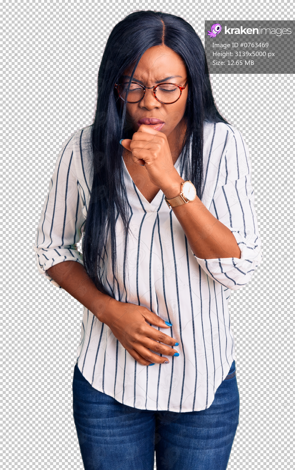 Young african american woman wearing casual clothes and glasses feeling unwell and coughing as symptom for cold or bronchitis. health care concept.