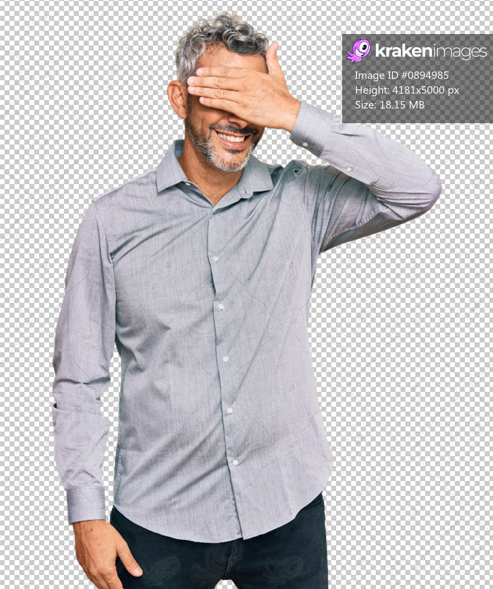 Middle age grey-haired man wearing casual clothes smiling and laughing with hand on face covering eyes for surprise. blind concept.