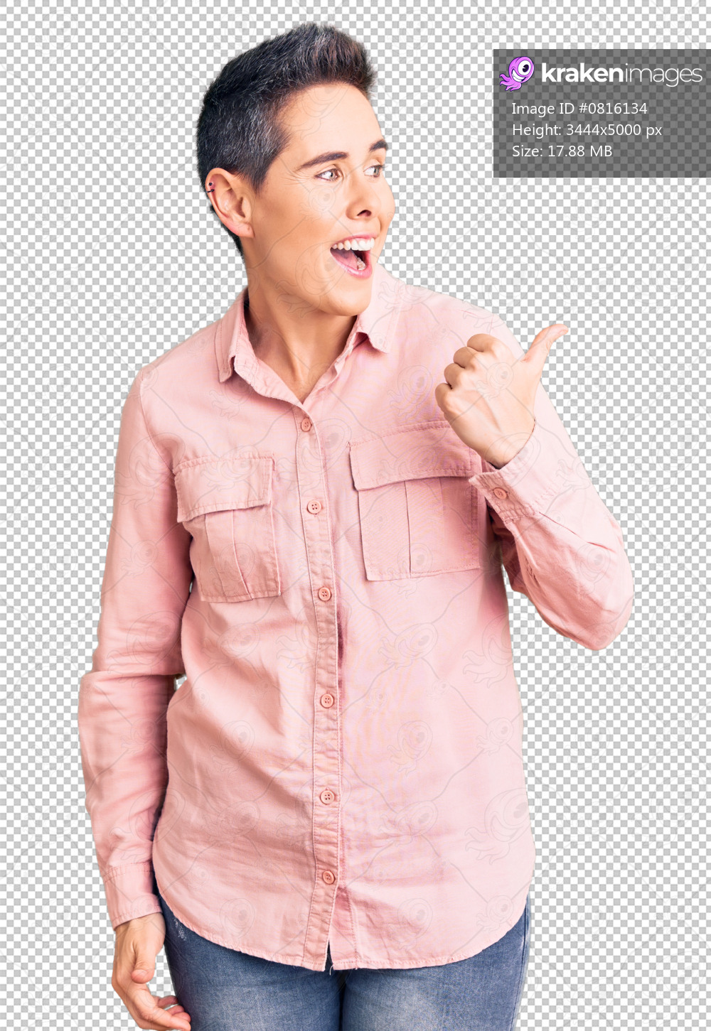 Young woman with short hair wearing casual clothes smiling with happy face looking and pointing to the side with thumb up.