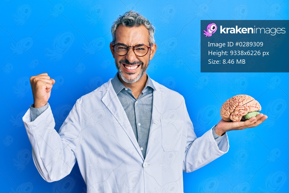 Middle age grey-haired man wearing doctor coat holding brain screaming proud, celebrating victory and success very excited with raised arm 
