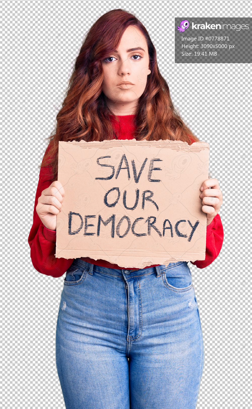 Young beautiful woman holding save our democracy protest banner thinking attitude and sober expression looking self confident