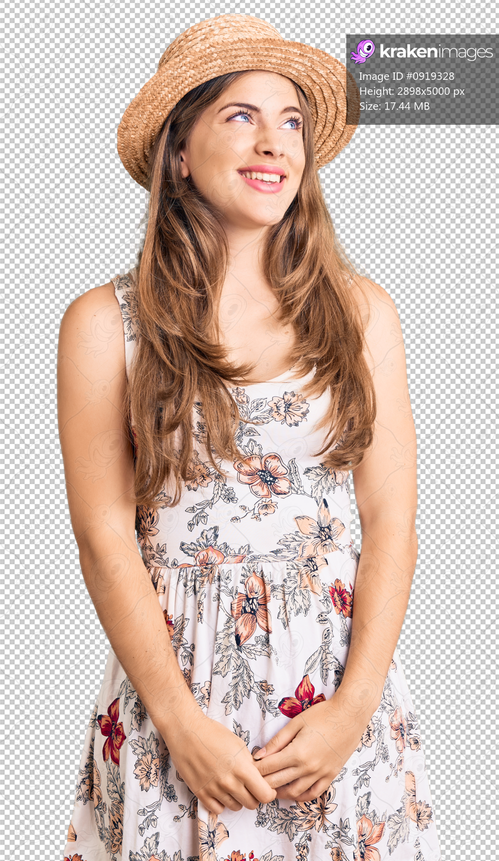Beautiful caucasian young woman wearing summer hat looking away to side with smile on face, natural expression. laughing confident.