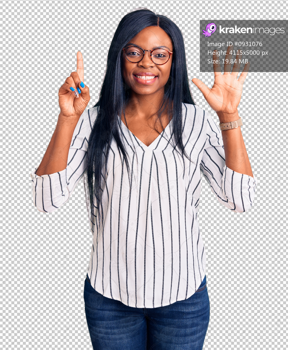 Young african american woman wearing casual clothes and glasses showing and pointing up with fingers number six while smiling confident and happy.