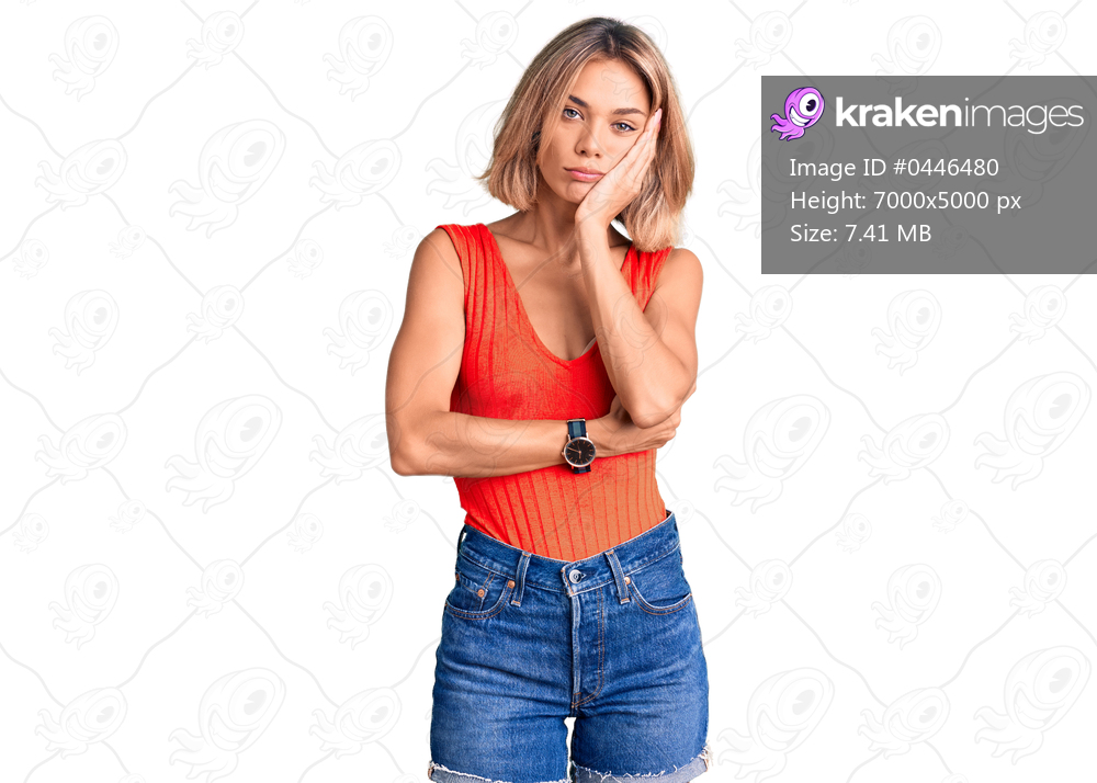 Beautiful caucasian woman wearing casual clothes thinking looking tired and bored with depression problems with crossed arms. 
