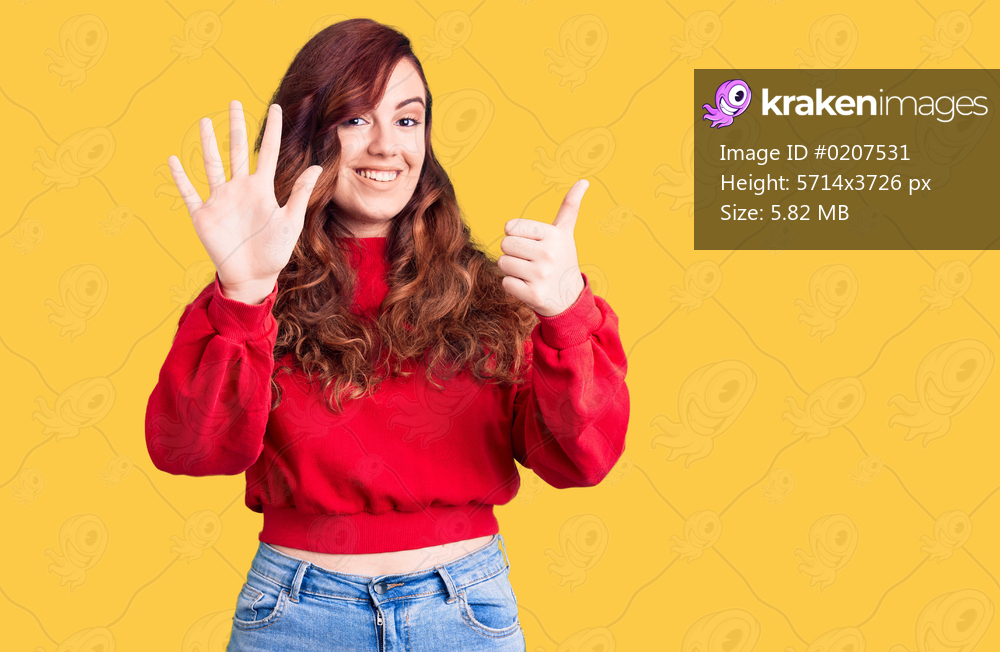 Young beautiful woman wearing casual winter sweater showing and pointing up with fingers number six while smiling confident and happy. 