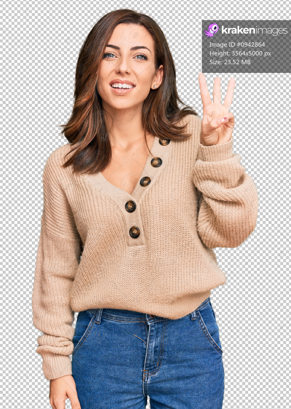 Young brunette woman wearing casual winter sweater showing and pointing up with fingers number three while smiling confident and happy.