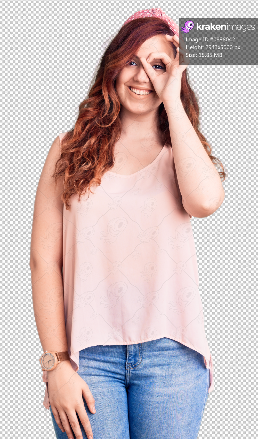 Young beautiful woman wearing casual clothes and diadem smiling happy doing ok sign with hand on eye looking through fingers