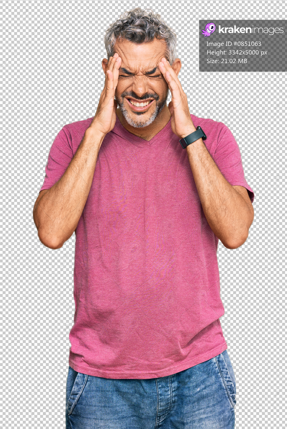Middle age grey-haired man wearing casual clothes with hand on head, headache because stress. suffering migraine.