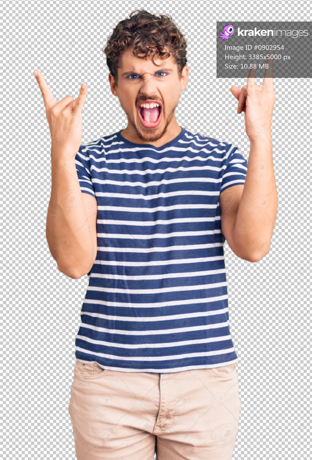 Young handsome man with curly hair wearing casual clothes shouting with crazy expression doing rock symbol with hands up. music star. heavy concept.