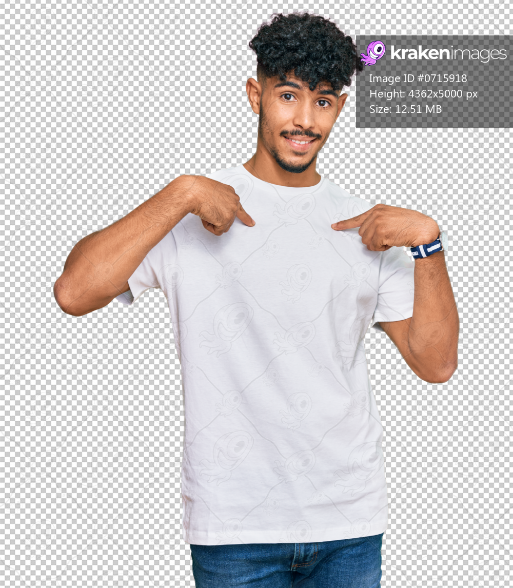 Young arab man wearing casual white t shirt looking confident with smile on face, pointing oneself with fingers proud and happy.