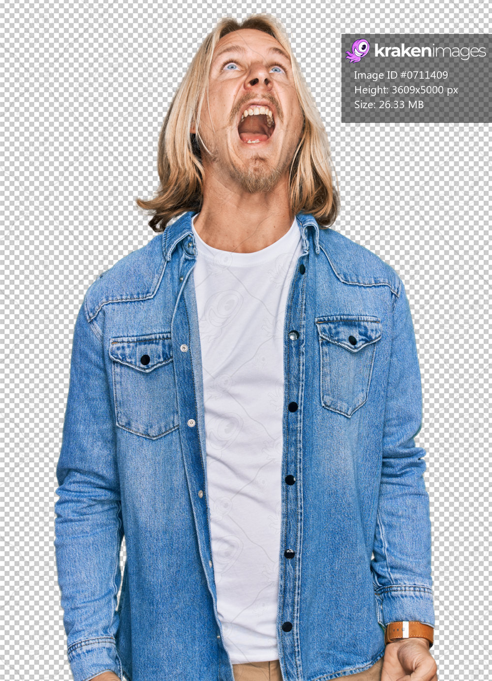 Caucasian man with blond long hair wearing casual denim jacket angry and mad screaming frustrated and furious, shouting with anger. rage and aggressive concept.