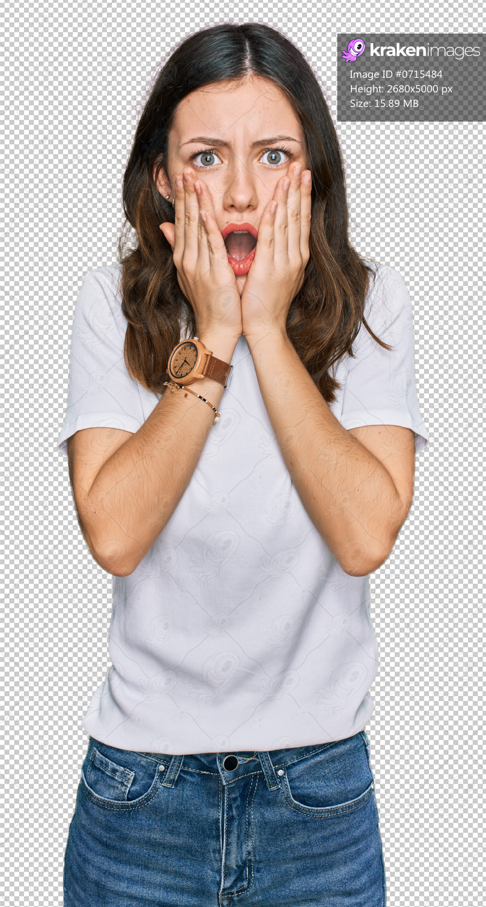 Young beautiful woman wearing casual white t shirt afraid and shocked, surprise and amazed expression with hands on face