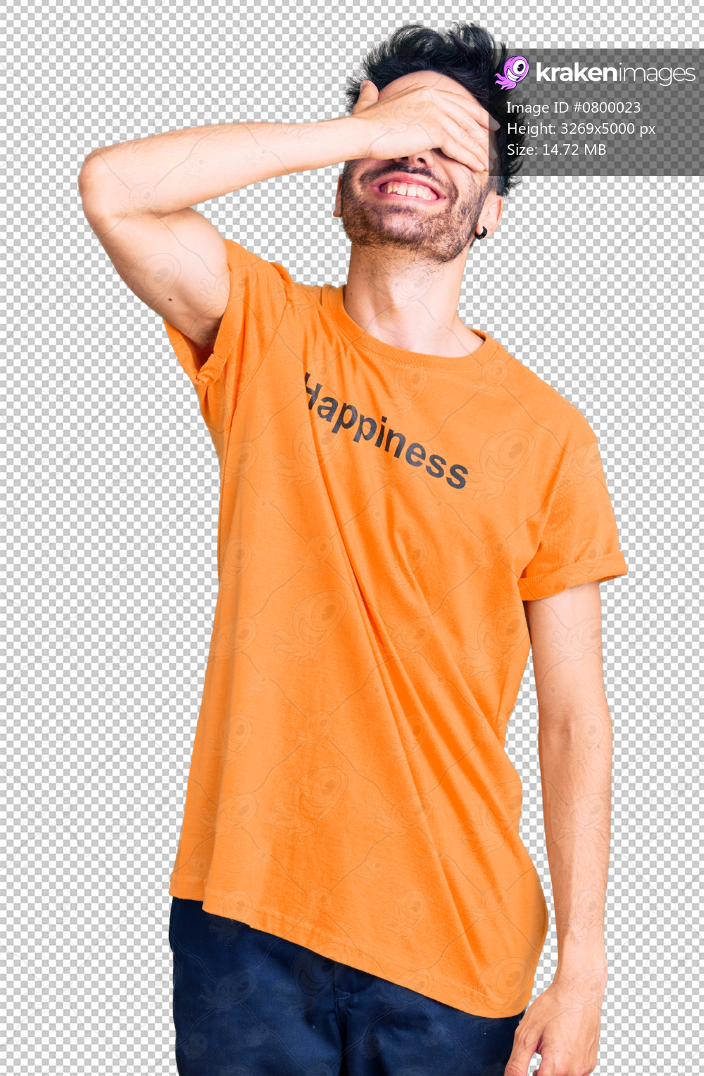 Young hispanic man wearing t shirt with happiness word message smiling and laughing with hand on face covering eyes for surprise. blind concept.
