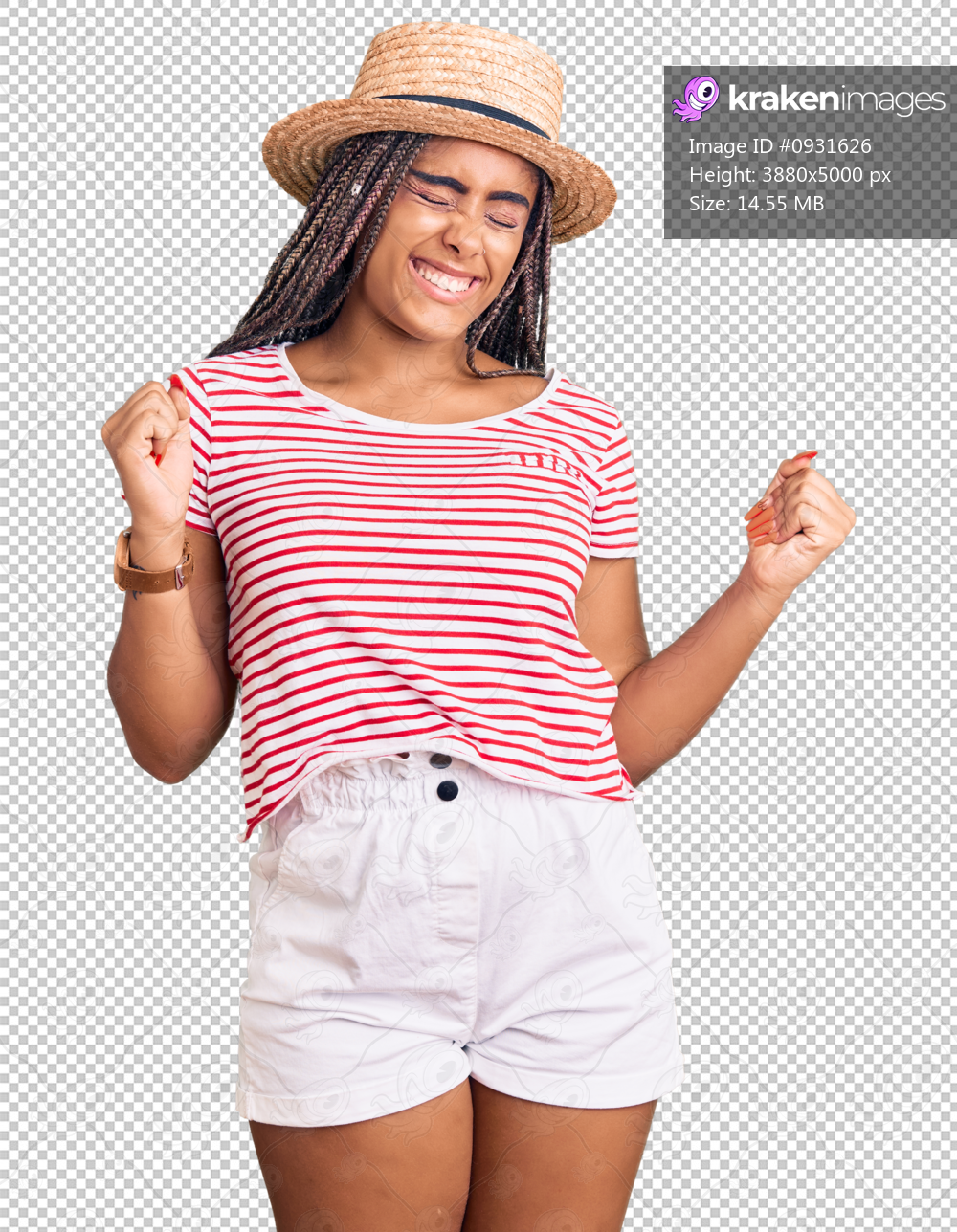 Young african american woman with braids wearing summer hat very happy and excited doing winner gesture with arms raised, smiling and screaming for success. celebration concept.