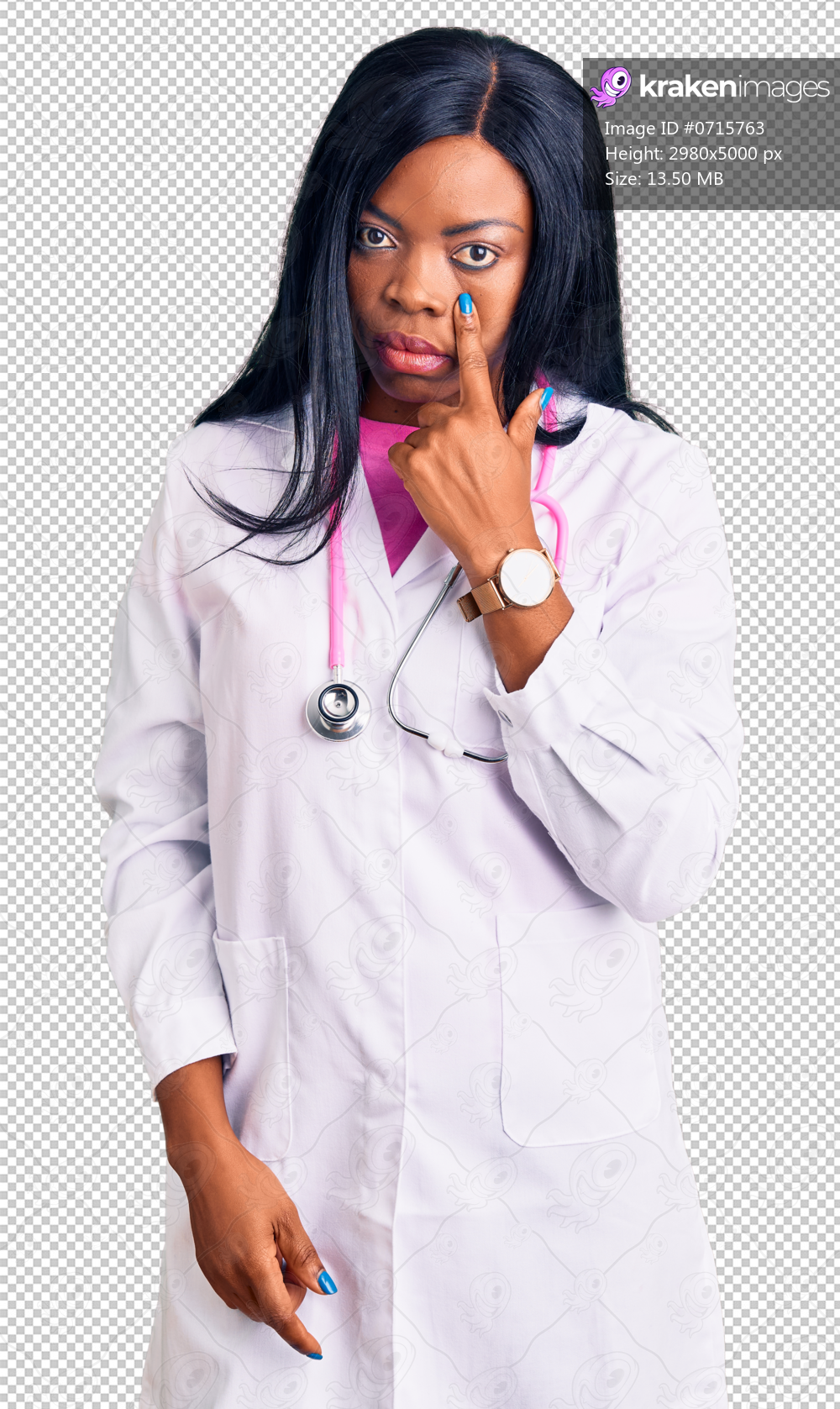 Young african american woman wearing doctor stethoscope pointing to the eye watching you gesture, suspicious expression