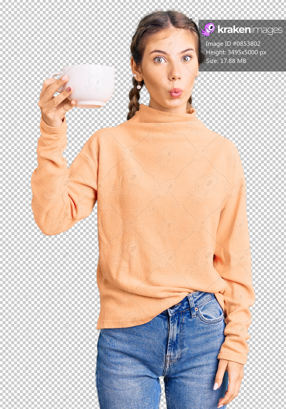 Beautiful caucasian woman with blonde hair drinking a coffee scared and amazed with open mouth for surprise, disbelief face