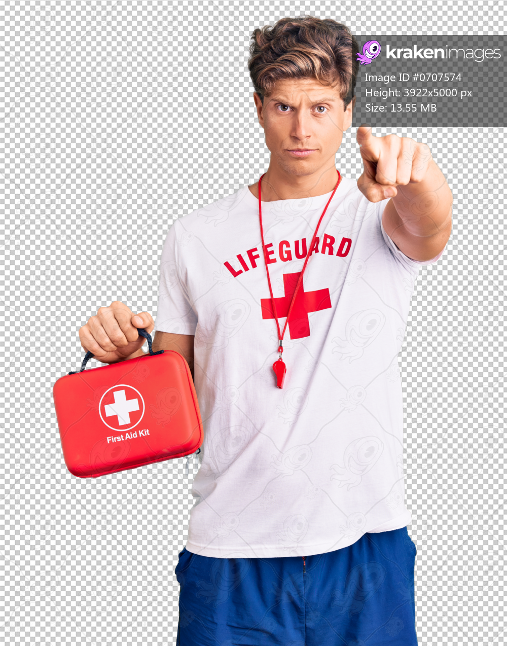 Young handsome man wearing lifeguard t shirt holding first aid kit pointing with finger to the camera and to you, confident gesture looking serious