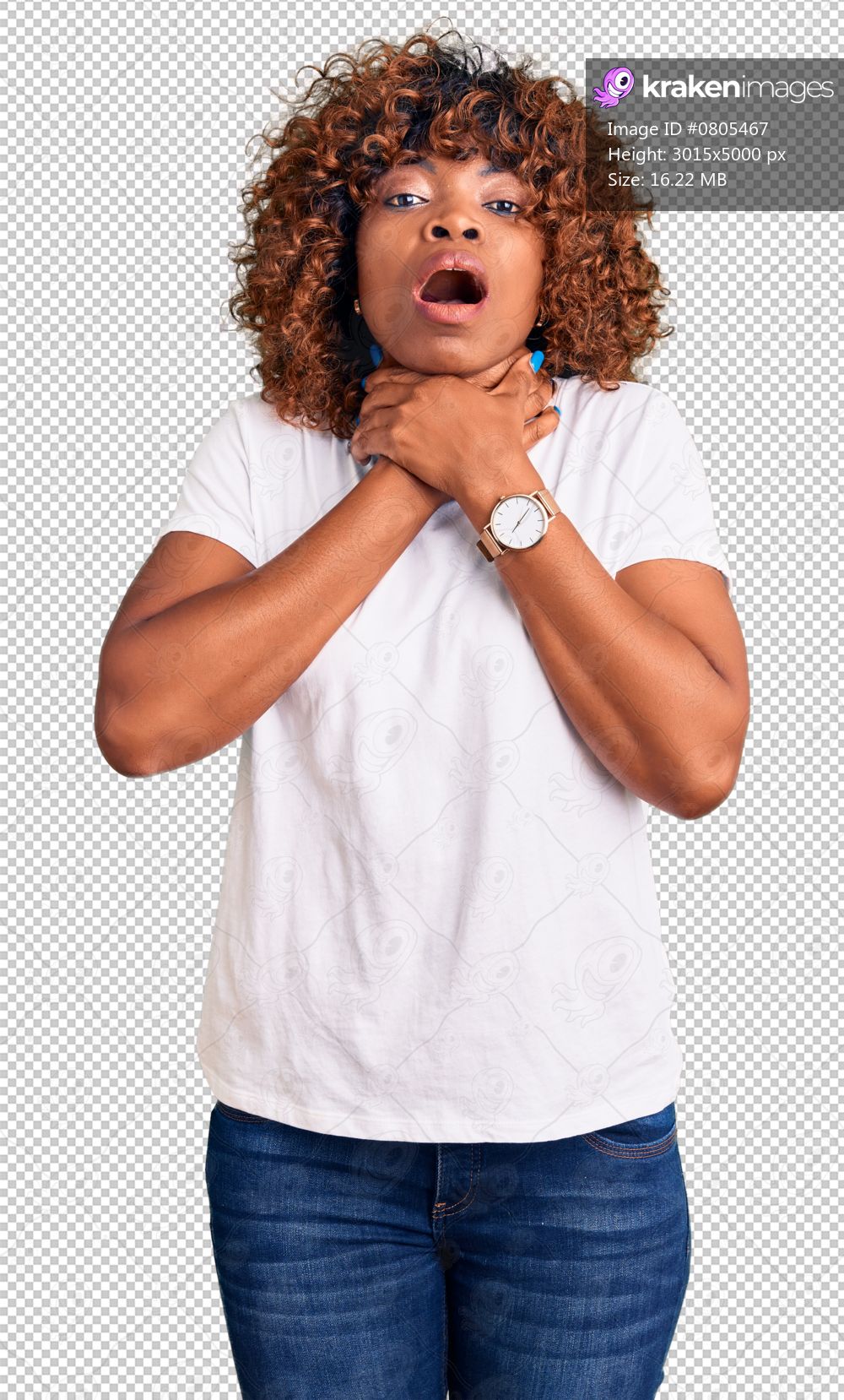 Young african american woman wearing casual white tshirt shouting and suffocate because painful strangle. health problem. asphyxiate and suicide concept.