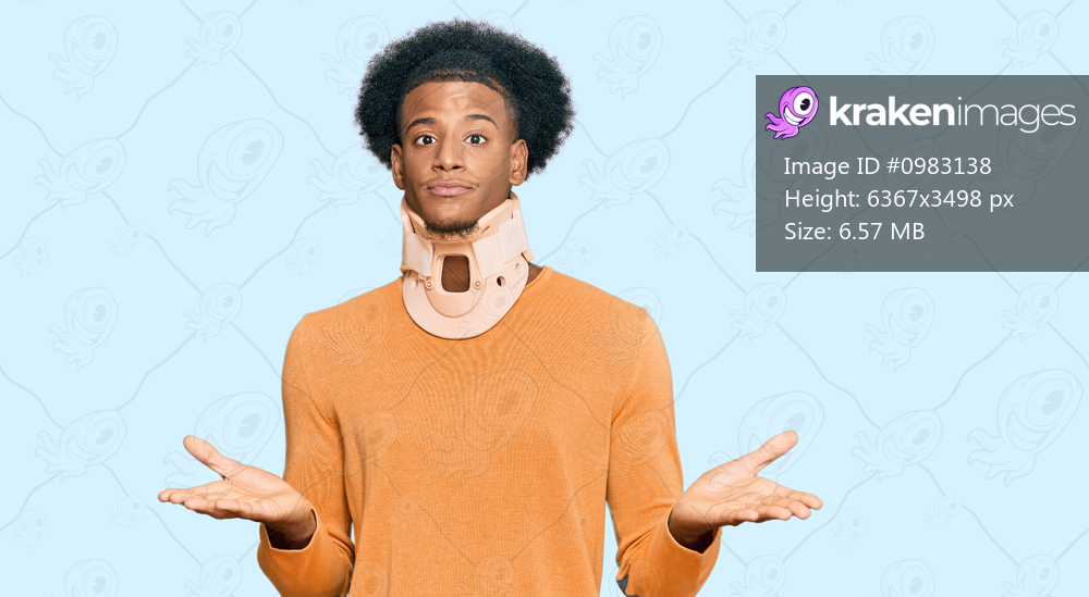 African american man with afro hair wearing cervical neck collar clueless and confused expression with arms and hands raised. doubt concept. 