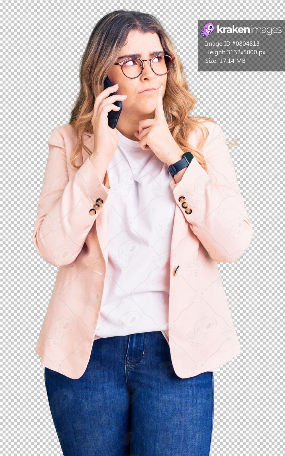 Young caucasian woman having conversation talking on the smartphone serious face thinking about question with hand on chin, thoughtful about confusing idea