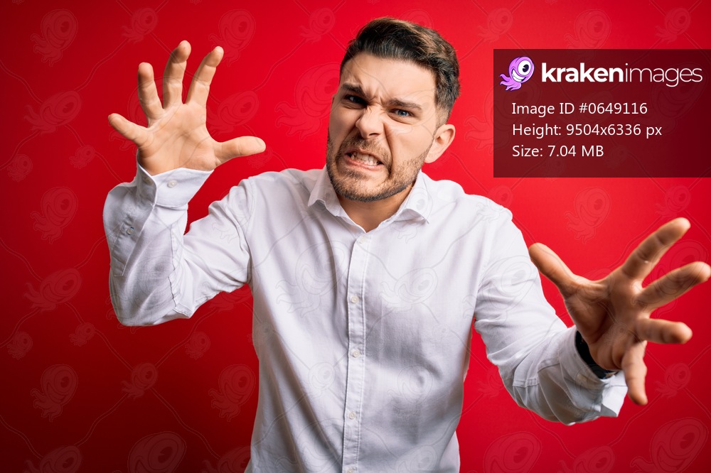 Young business man with blue eyes wearing elegant shirt standing over red isolated background Shouting frustrated with rage, hands trying to strangle, yelling mad