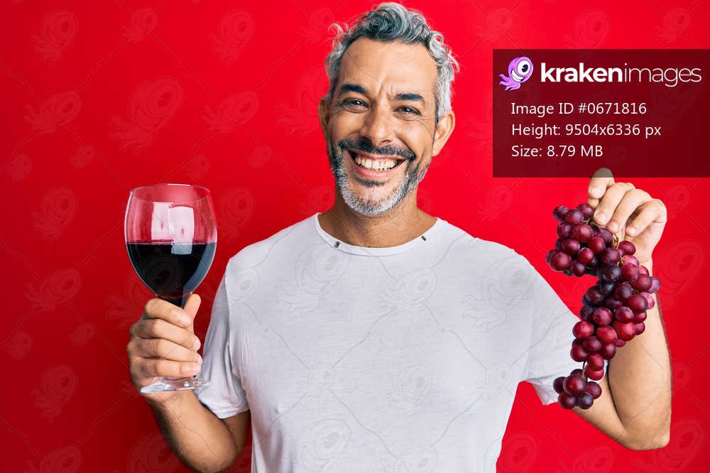 Middle age grey-haired man holding branch of fresh grapes and red wine smiling with a happy and cool smile on face. showing teeth. 