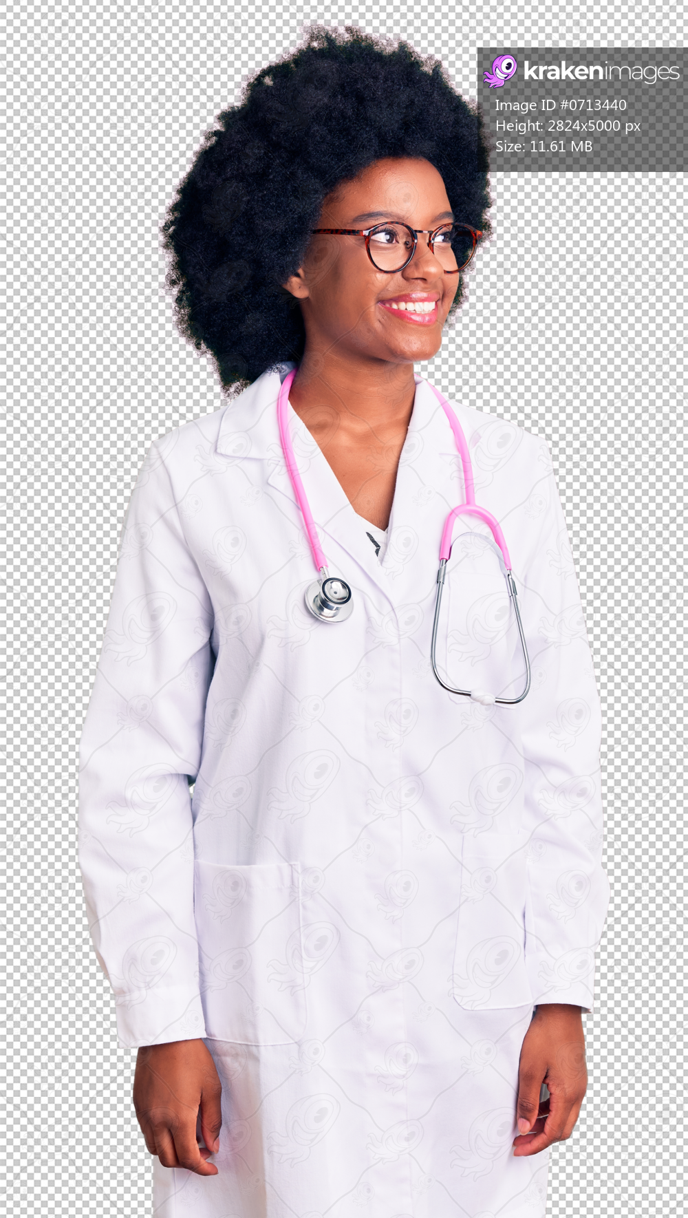 Young african american woman wearing doctor coat and stethoscope looking away to side with smile on face, natural expression. laughing confident.