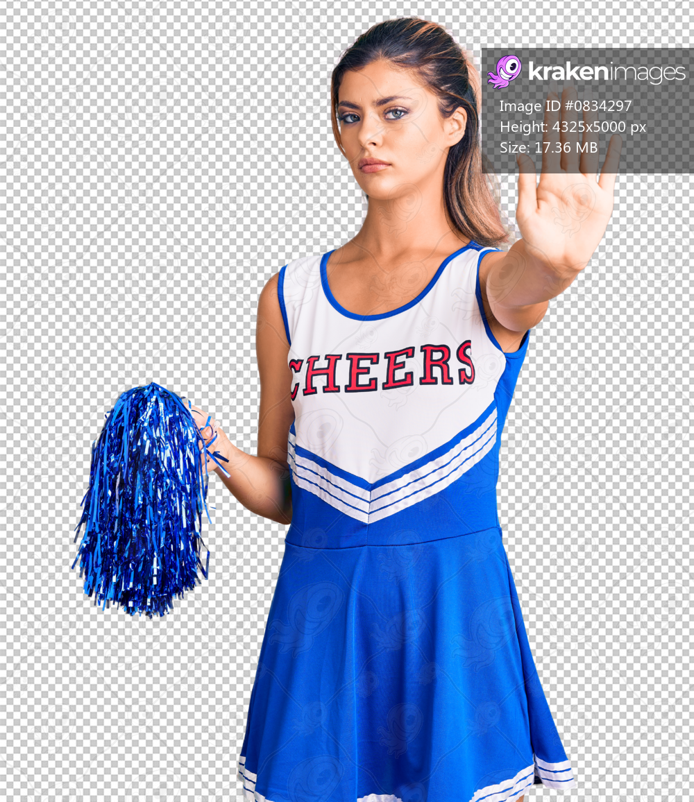 Young beautiful woman wearing cheerleader uniform doing stop sing with palm of the hand. warning expression with negative and serious gesture on the face.