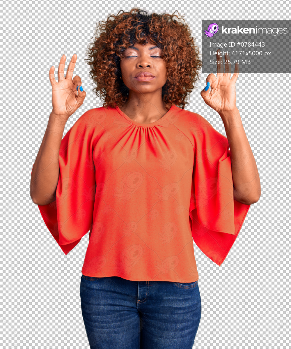 Young african american woman wearing casual clothes relax and smiling with eyes closed doing meditation gesture with fingers. yoga concept.