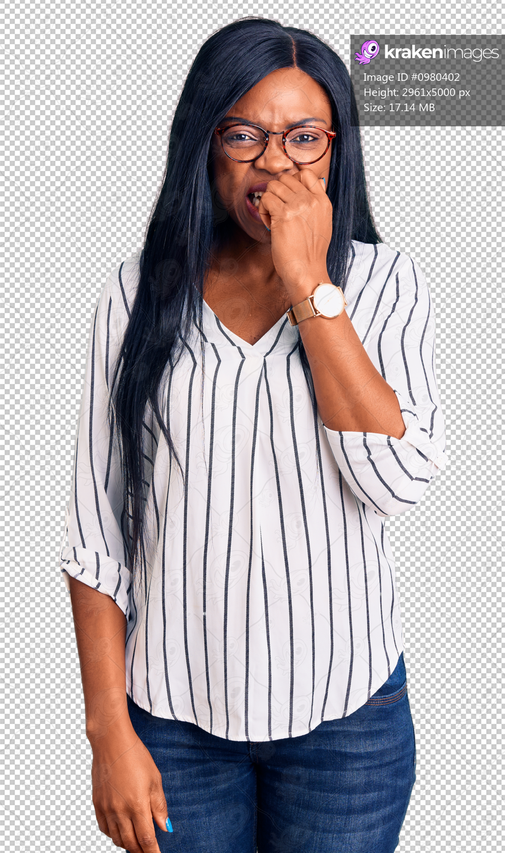 Young african american woman wearing casual clothes and glasses looking stressed and nervous with hands on mouth biting nails. anxiety problem.