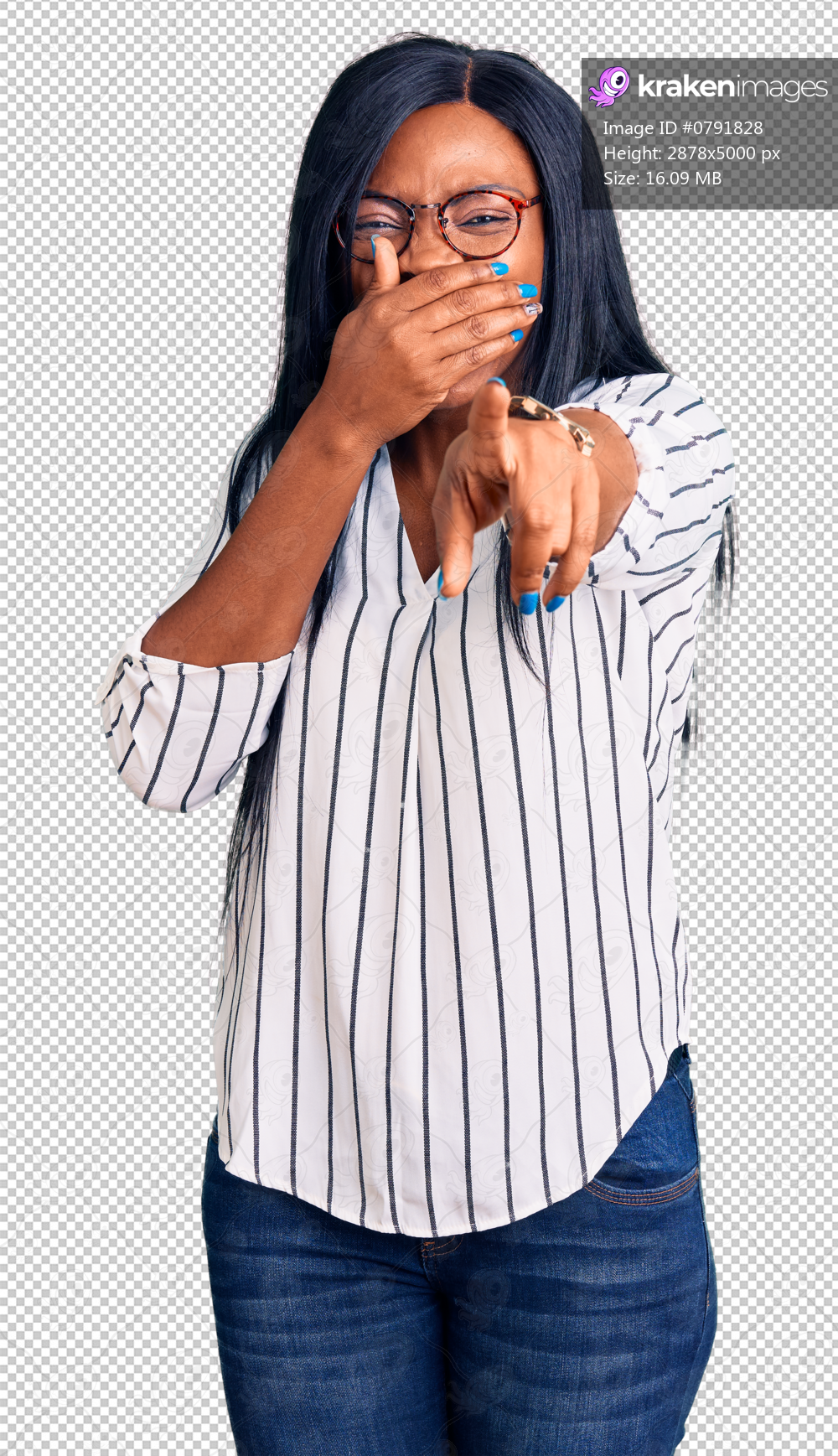Young african american woman wearing casual clothes and glasses laughing at you, pointing finger to the camera with hand over mouth, shame expression