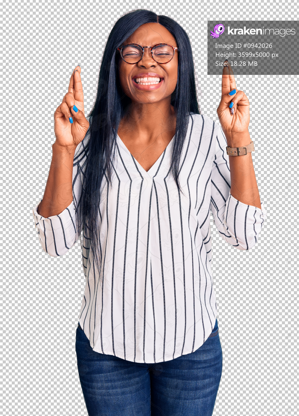 Young african american woman wearing casual clothes and glasses gesturing finger crossed smiling with hope and eyes closed. luck and superstitious concept.