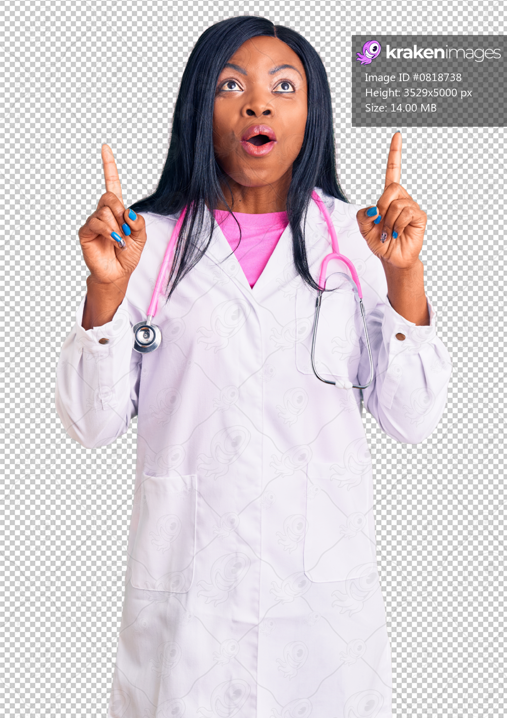 Young african american woman wearing doctor stethoscope amazed and surprised looking up and pointing with fingers and raised arms.
