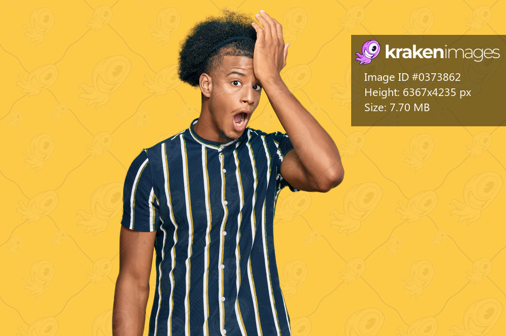 African american man with afro hair wearing casual clothes surprised with hand on head for mistake, remember error. forgot, bad memory concept. 