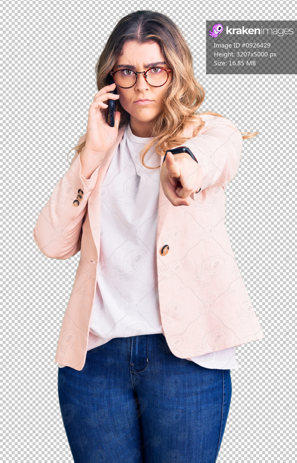 Young caucasian woman having conversation talking on the smartphone pointing with finger to the camera and to you, confident gesture looking serious