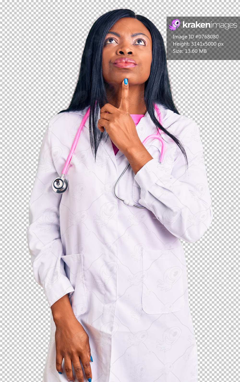 Young african american woman wearing doctor stethoscope thinking concentrated about doubt with finger on chin and looking up wondering