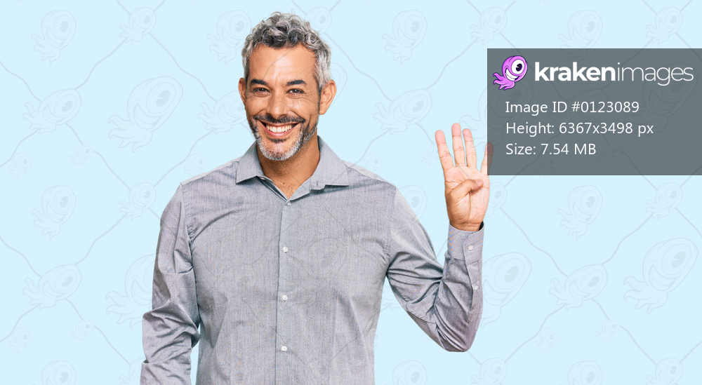 Middle age grey-haired man wearing casual clothes showing and pointing up with fingers number four while smiling confident and happy. 