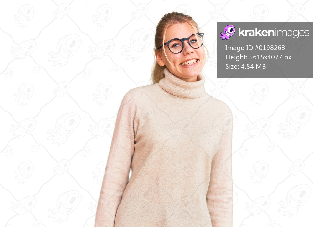 Young beautiful blonde woman wearing turtleneck sweater and glasses looking away to side with smile on face, natural expression. laughing confident. 