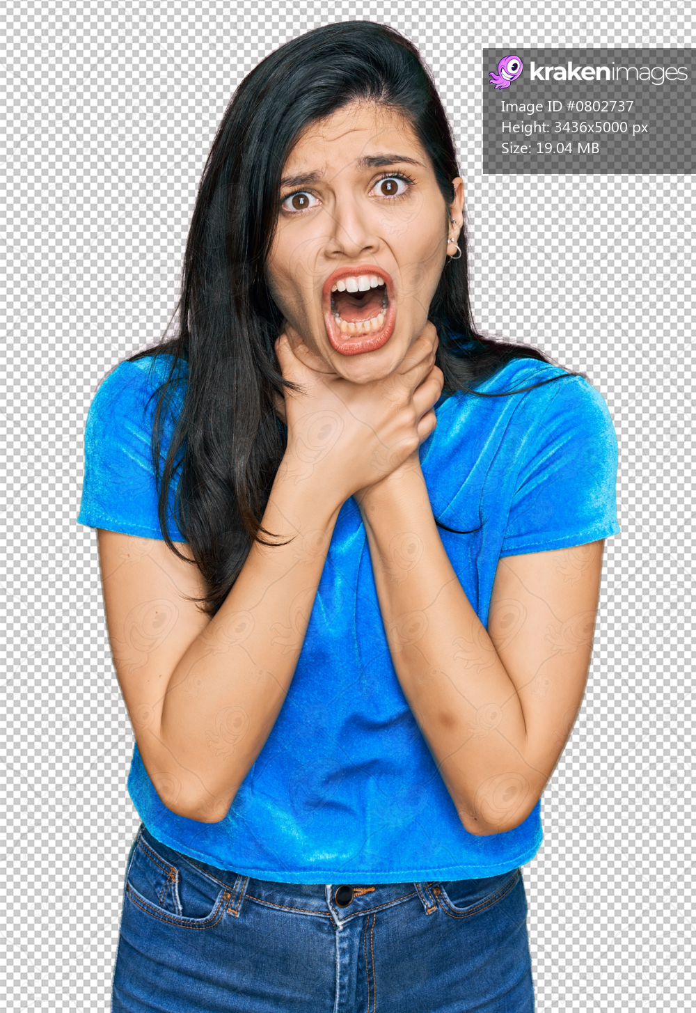 Young hispanic woman wearing casual clothes shouting and suffocate because painful strangle. health problem. asphyxiate and suicide concept.