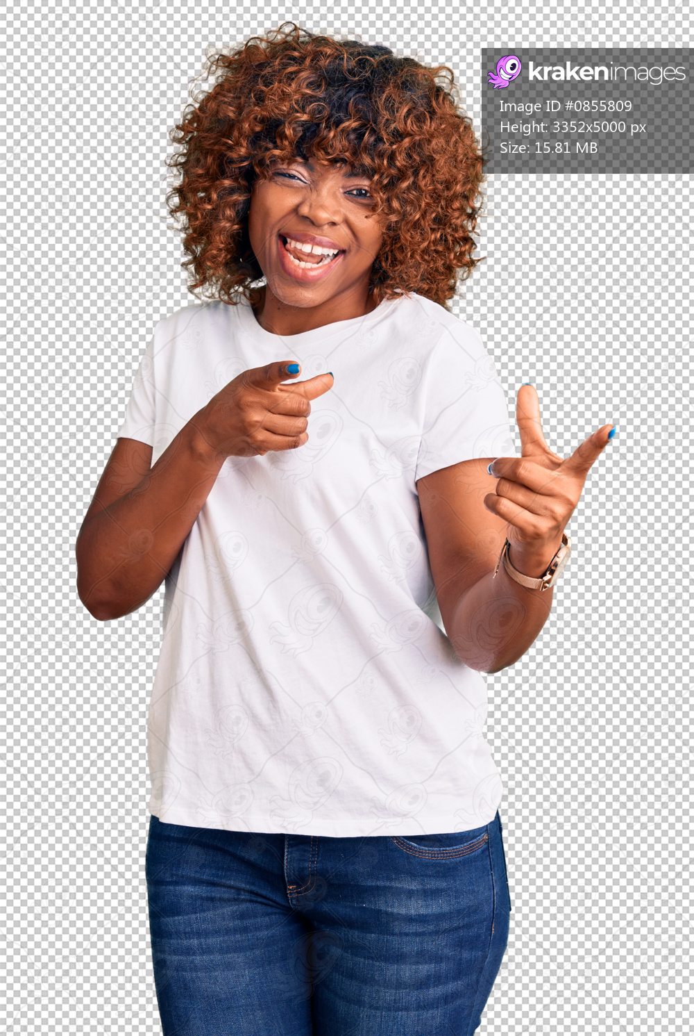 Young african american woman wearing casual white tshirt pointing fingers to camera with happy and funny face. good energy and vibes.