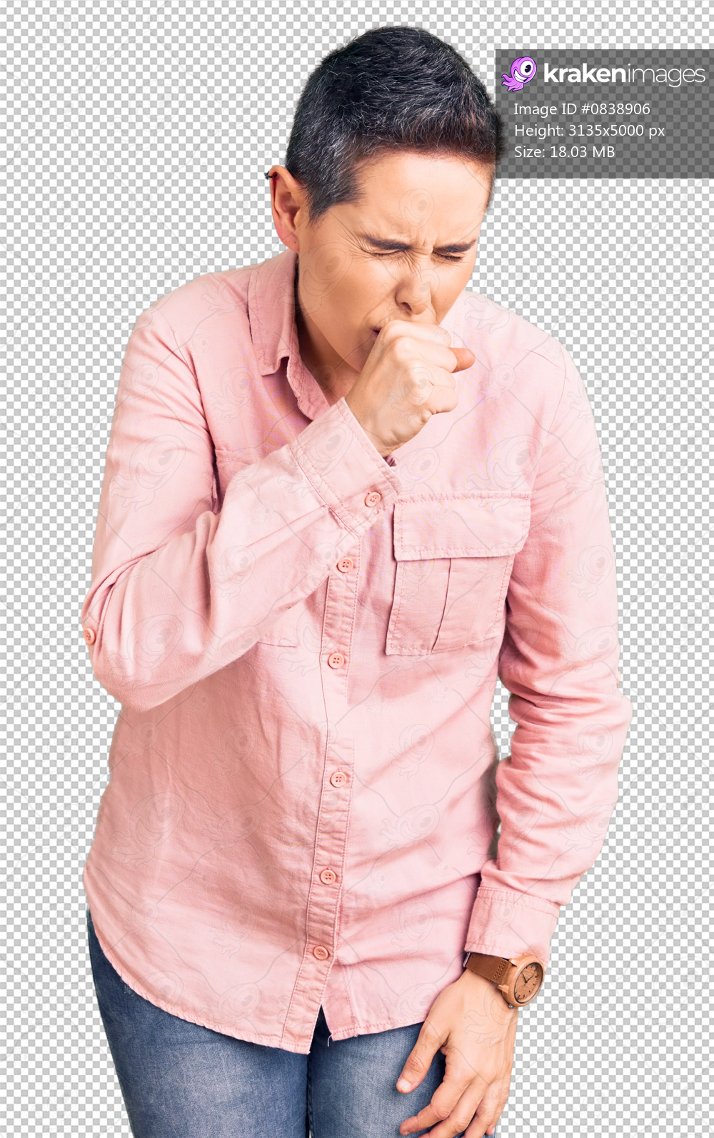 Young woman with short hair wearing casual clothes feeling unwell and coughing as symptom for cold or bronchitis. health care concept.